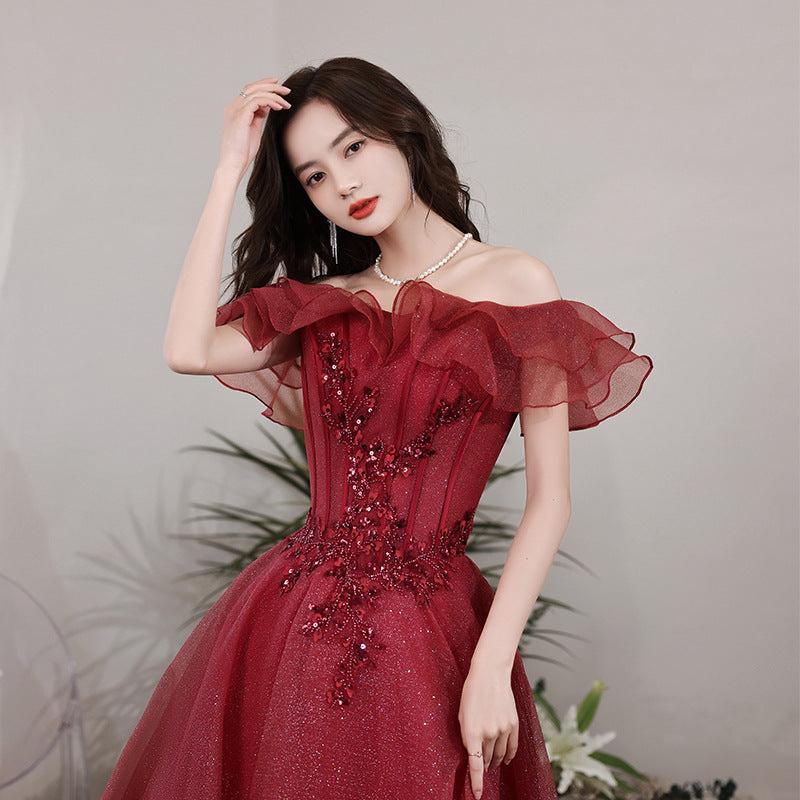 VSKKV Wine Red Toast Clothing  New Bridal Wedding Temperament Engagement Dress Wedding Banquet Small Evening Dress Women