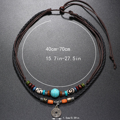 HOTan and NEWn Retro Style Multi-Layer Turquoise Beaded Weave Leather Necklace Personality Alloy Bronze Coin Pendant Men's Necklace