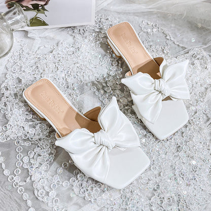 New  Style Bow One Strap Square Toe High Heel Sandals Women's Summer Outdoor Wear plus Size Women's Shoes 41-43