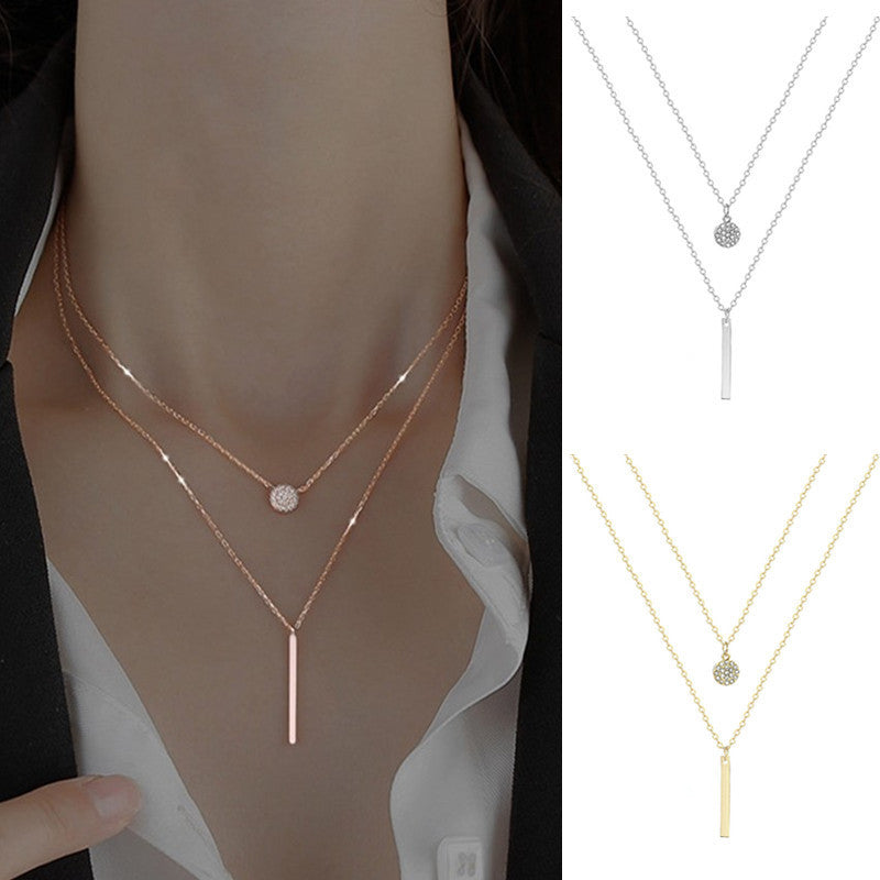 vakkv  HOT and NEW Cross Border Necklace Geometric Long Strip Rhinestone round Double Layer Necklace for Women Fashion Diamond Inlaid Clavicle Chain Necklace