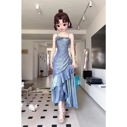 VAKKV Evening Dress New  Style Mermaid Blue Sling Dress Women's Summer Princess Birthday Dress