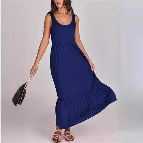 Cross Border Hot Summer Sleeveless Vest Dress Expansion Skirt Casual Elegant Layered Beach Pocket Dress for Women