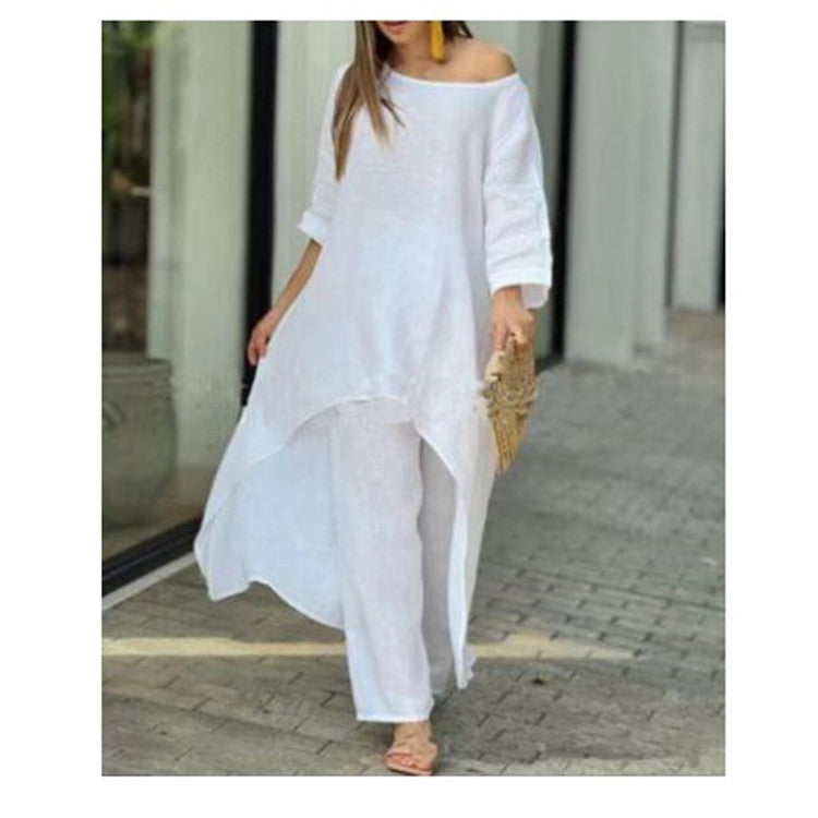 European and American New Women's Clothing Cotton and Linen Fashion Casual plus Size Irregular Long Sleeve Suit Wide Leg Pants Two-Piece Set