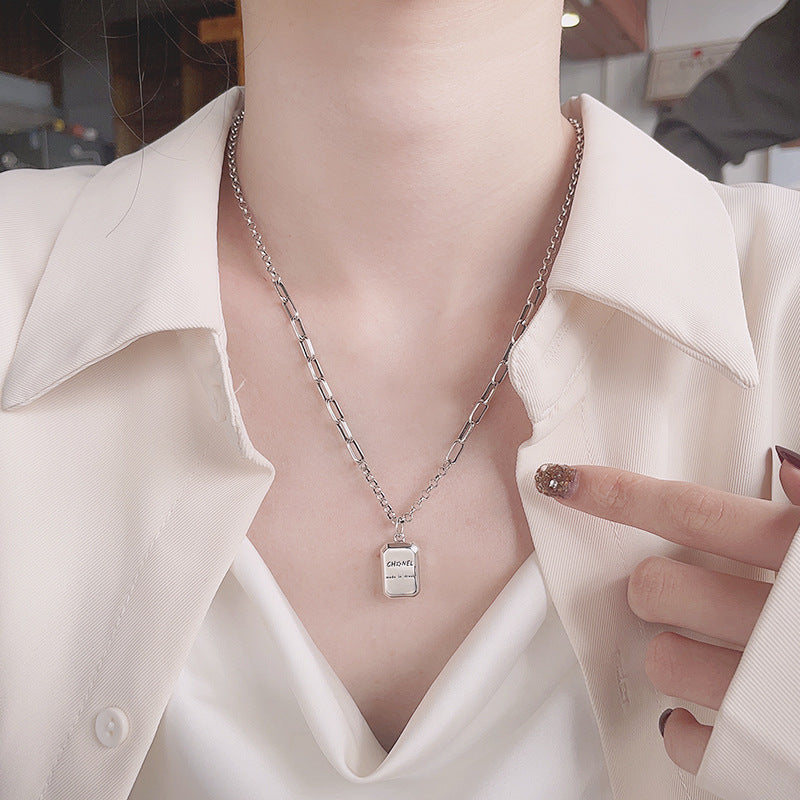 Chaosheng S925 Sterling Silver Box Letter Square Plate Necklace Ins Niche Design  Entry Lux Style Clavicle Chain Female