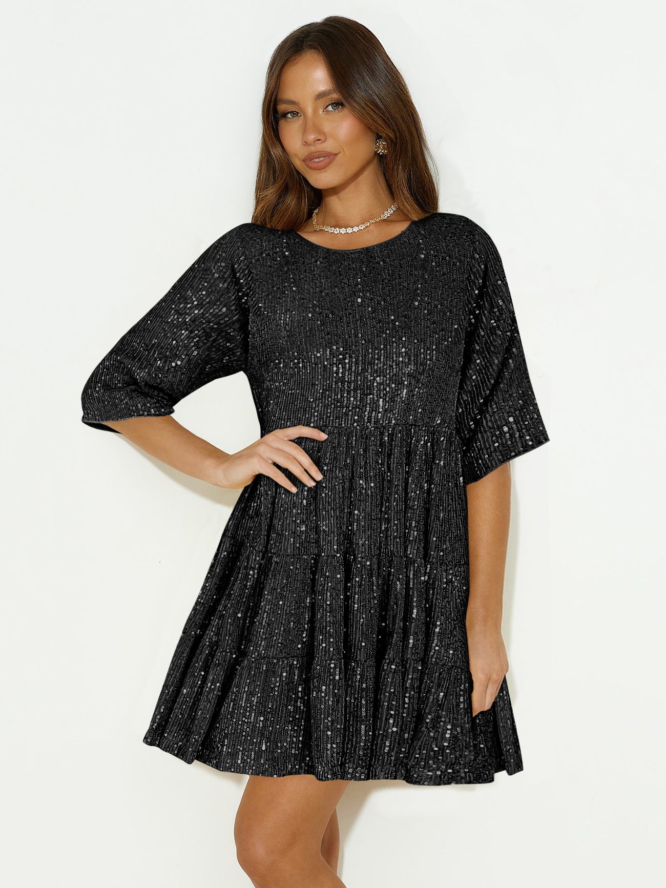 Cross-Border Hot Sequins Dress Fall Women's Clothing European and American Foreign Trade round Neck Sexy Sequin A- line Skirt Skirt