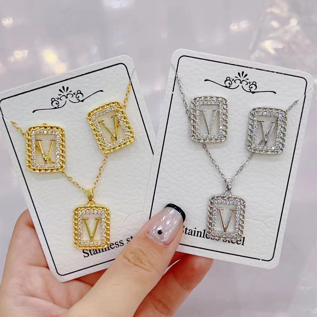 vakkv Cross-Border Hot  Diamond Necklace and Earrings Suite HOTan NEWn Simple Versatile Clavicle Chain Factory Wholesale Direct Wholesale