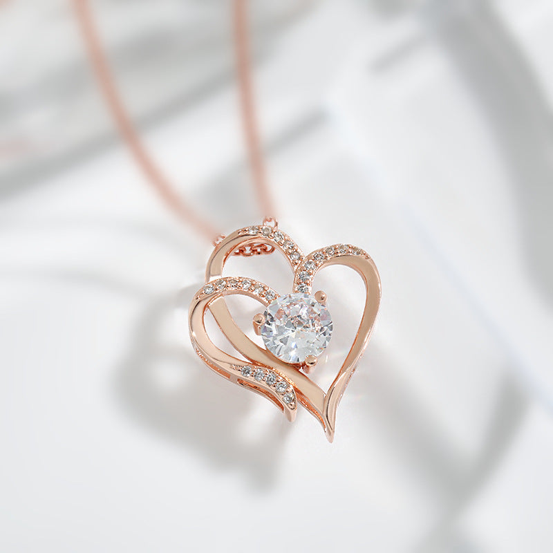 Cross-Border Platinum Doppel Herz Pendant Neck Accessories Women's Heart-to-Heart Elegant Graceful High-Grade Inlaid Zircon Love Necklace