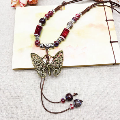 Wholesale Ceramic Sweater Chain Vintage Ethnic Style Clothing Accessories Imperial Concubine Butterfly Long Sweater Necklace