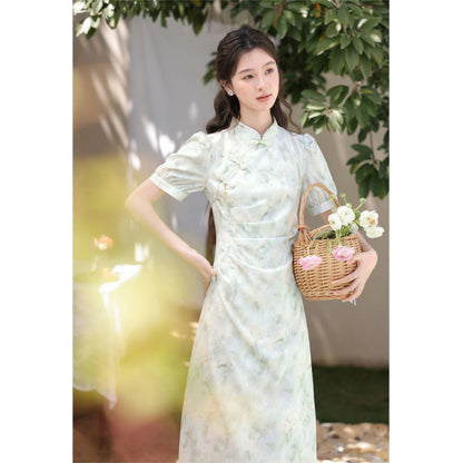 VAKKV Fresh Style Green Floating New Chinese Style Light Green Short Sleeve Dress Ancient Style Tight Waist Niche Elegant Thin Fresh Cold Style Cheongsam