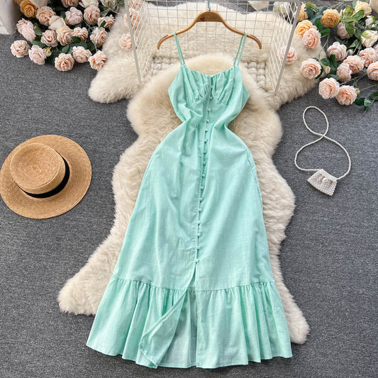 VAKKV Vintage Spaghetti Straps Sleeveless Mint Green Summer Holiday Dress P245