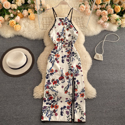VAKKV Sexy A line Sleeveless Silk Satin Floral Dress Beach Summer Holiday Dress P250