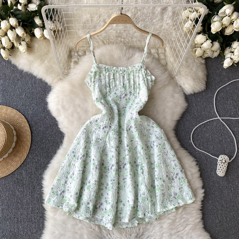 VAKKV Cute Straps Mint Green Short Floral Dress Women Holiday Dress P231