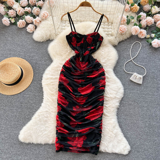 VAKKV Sexy Spaghetti Straps Long Floral Red Dress Women Holiday Dress P236