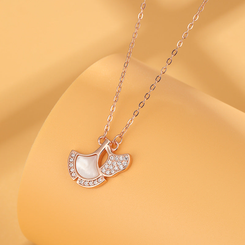 Japanese and Korean Temperament Entry Lux Clavicle Chain Three Lucky Apricot Leaf Necklace Women's Sterling Silver White Shell Pendant Temu Xi Yin Hot Sale