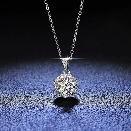 vakkv  S925 Pure Silver Pendant 1 Karat Moissanite Necklace Women's Fashion Diamond Ring round Bag New Silver Pendant Clavicle Chain