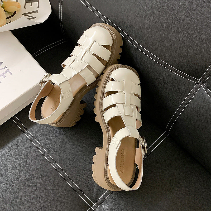 Authentic Leather Toe Box Roman Sandals  Summer New Shoes Thick High Heel Women's Shoes Retro Weaving Hollow Pitcher Plant Shoes