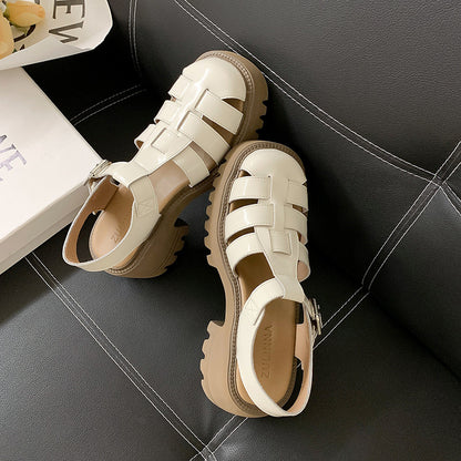 Authentic Leather Toe Box Roman Sandals  Summer New Shoes Thick High Heel Women's Shoes Retro Weaving Hollow Pitcher Plant Shoes