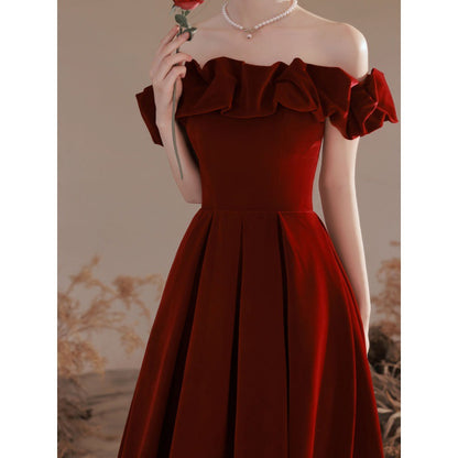 VAKKV  TOAST Clothing Bride off-Shoulder Velvet New Marriage Engagement Wine Red Dress Female Daily Style Wholesale