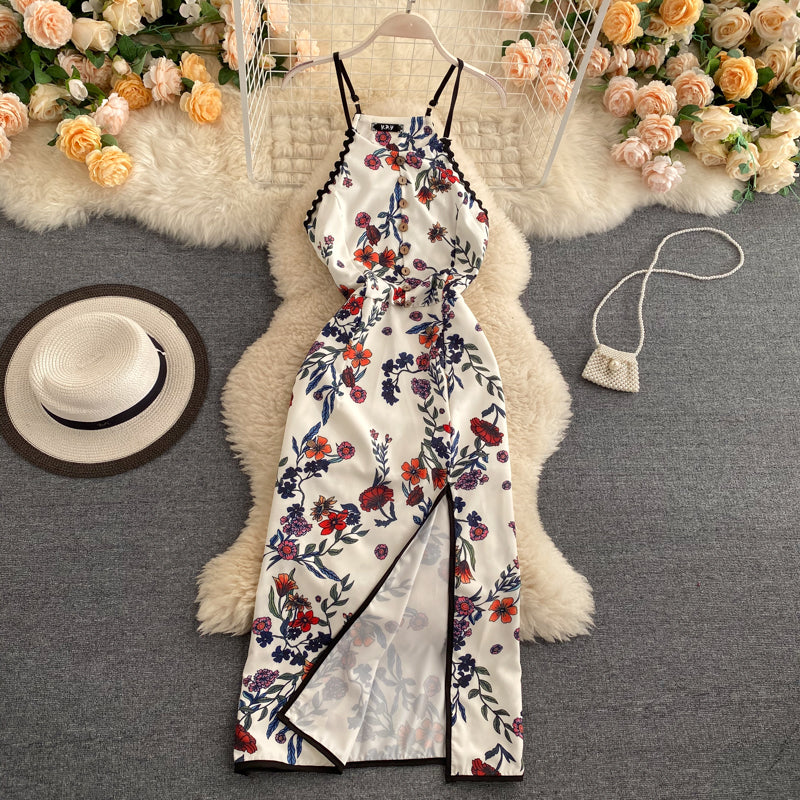 VAKKV Sexy A line Sleeveless Silk Satin Floral Dress Beach Summer Holiday Dress P250