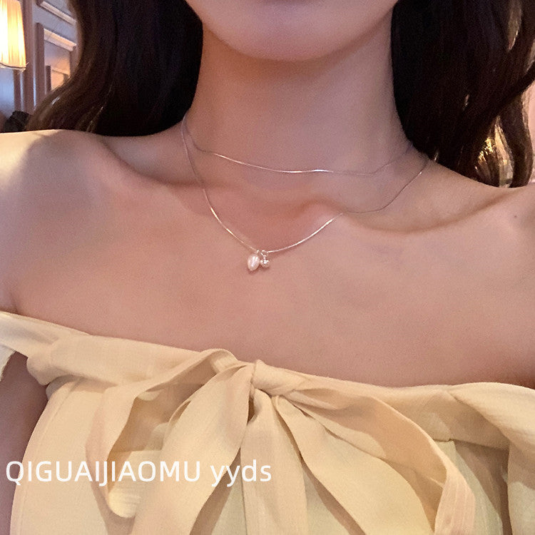 Niche Double-Layer Pearl Necklace Female Korean Simple Ins Cool Style Advanced Twin Design Temperament Snake Bones Chain