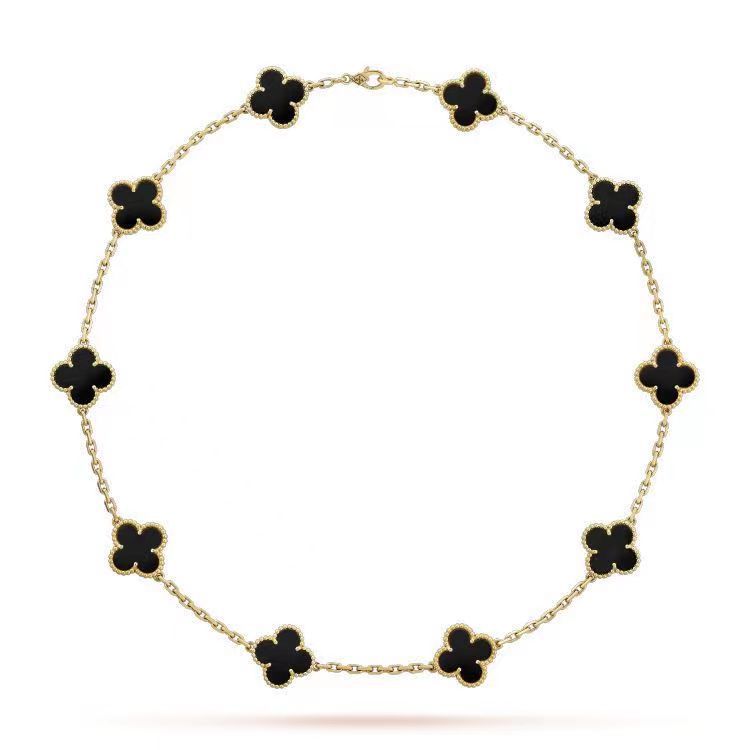 vakkv Factory Direct Supply Yellow Gold Black Agate Ten Flower Necklace Double-Sided Four-Leaf Clover Clavicle Chain NOVEMBER'S Luxury Brand