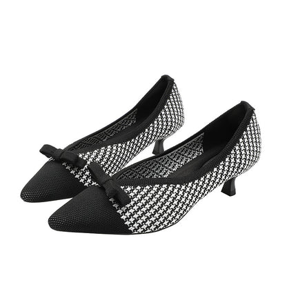 Princess Flying Woven Pumps Women's  New Cat Heel Pointed Toe Breathable Knitted Shoes All-Match Low-Cut Stiletto Heel Women's High Heels