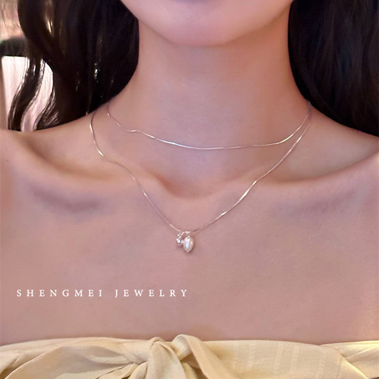 Niche Double-Layer Pearl Necklace Female Korean Simple Ins Cool Style Advanced Twin Design Temperament Snake Bones Chain