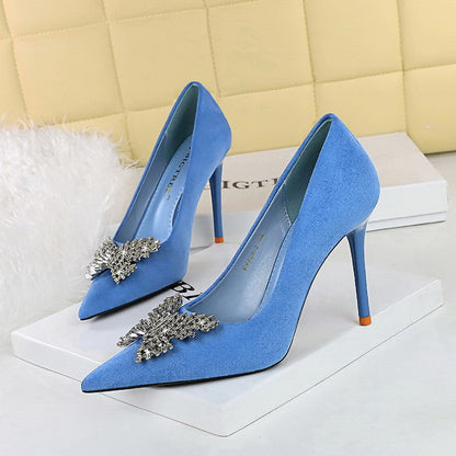 VAKKV 2025 825-K53  style banquet high heels stiletto women's shoes suede shallow mouth pointed metal butterfly rhinestone single shoes