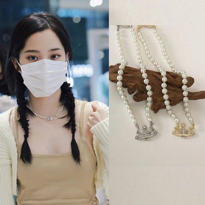 vakkv  Ouyang Nana Same Style Xiempress Saturn Pearl Necklace Punk Atmospheric Clavicle Chain Sweet Cool Hot Girl Style Ornament