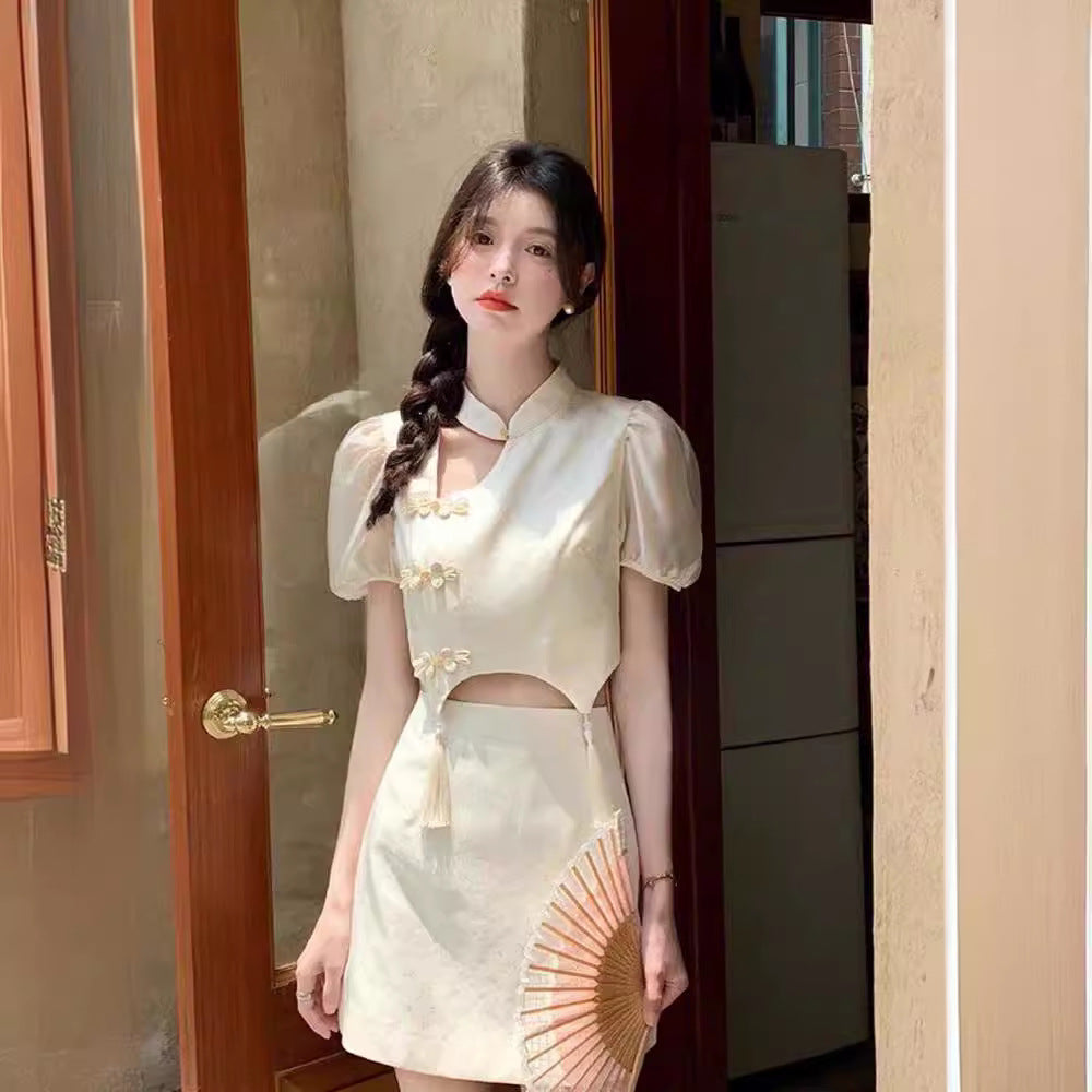 Style Shirt for Women Amoi Chinese Style Graceful Puff Sleeve Short Coat and Dress Show Graceful Improved Cheongsam Suit
