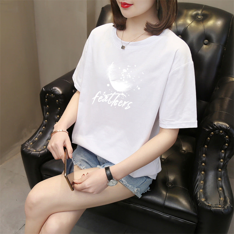 In Stock Factory  Summer New Korean Style Short Sleeve T-shirt Women's round Neck Cotton Printed Top Trendy Casual Women's Clothing