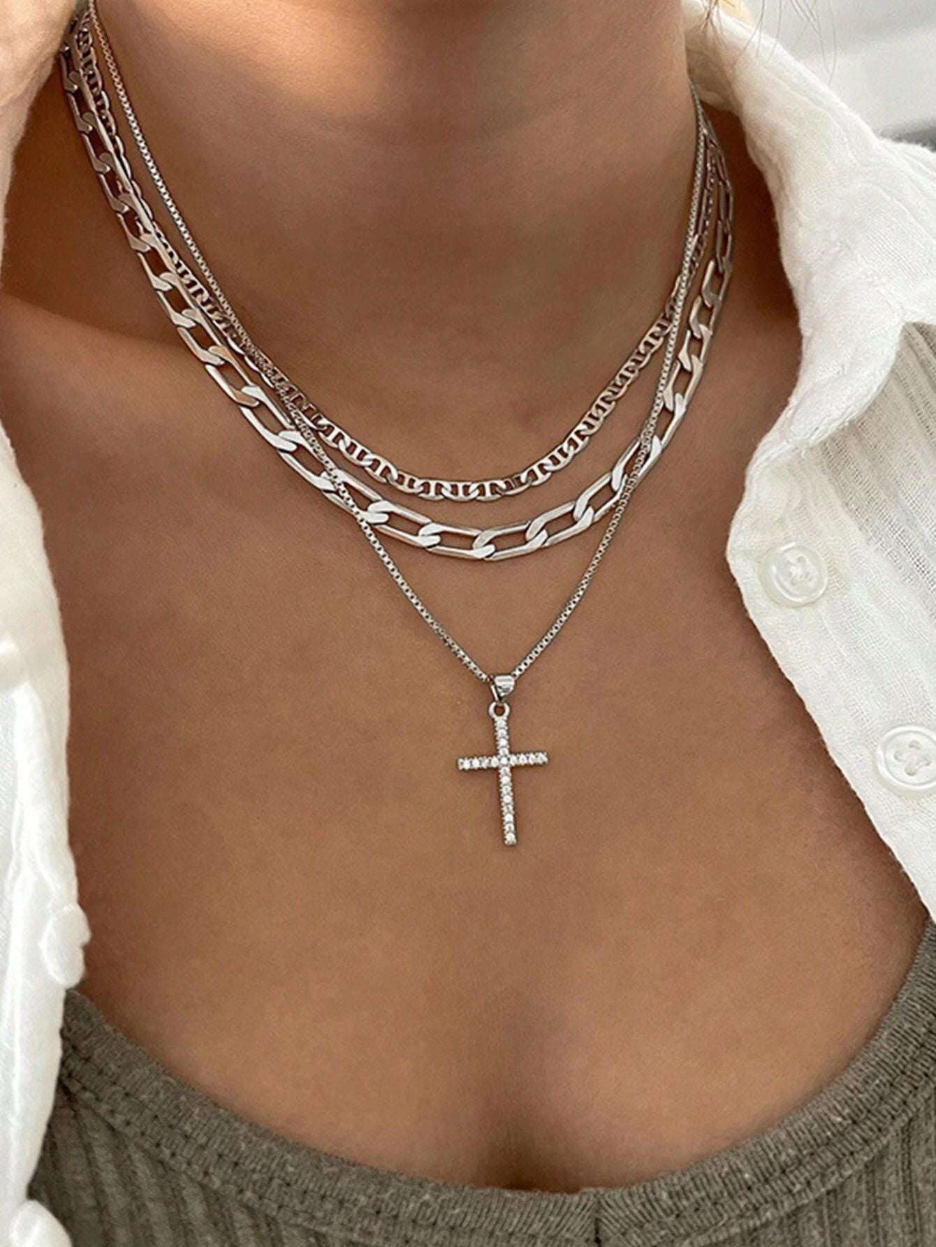 Cross-Border Hot Selling Ornament Affordable Luxury Fashion Cross Pendant Necklace Niche Personality Twin Multi-Layer Sweater Chain for Women