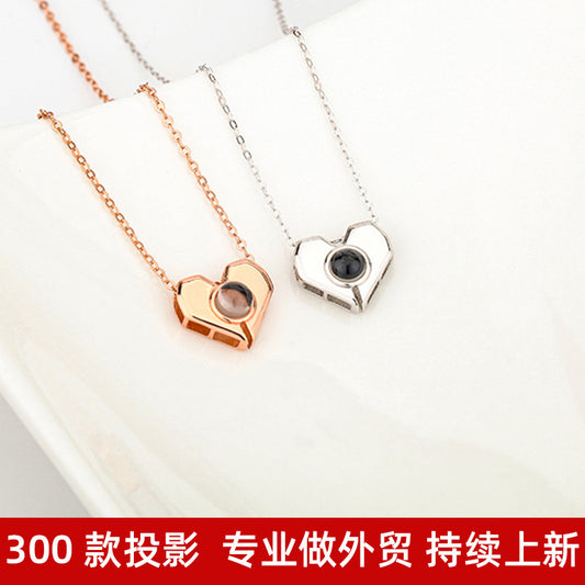 VAKKV S925 Silver 100 Languages I Love You Heart-Shaped Projection Necklace Female South Korea  Cross Border Clavicle Chain