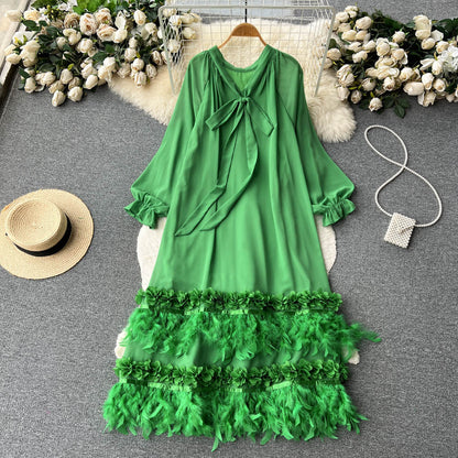 French high-quality long-sleeved dress, women's niche design, loose and thin, heavy work, feather tassels, chic long skirt