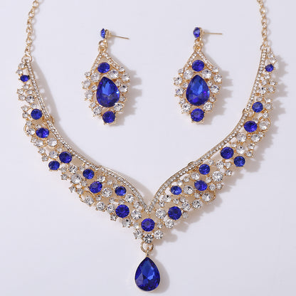 D416 Exquisite Colorful Crystal Glass Drop-Shaped Necklace Earrings Wedding Decoration Two-Piece Set Bridal Jewelry