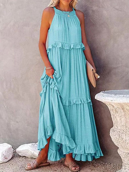 European and American 2024 Summer New Holiday Ruffled Long Dress  Wide Hem Flowy Beach Dress for Women