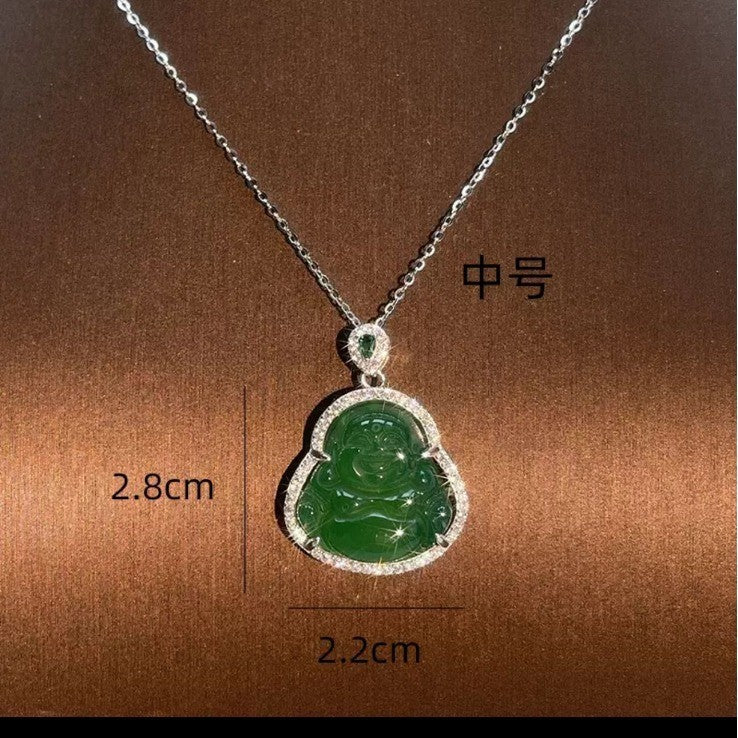 S925 Sterling Silver Diamond White Chalcedony Maitreya Necklace New Chinese Style Simple and Light Luxury Exquisite Buddha Statue Jade Clavicle Chain