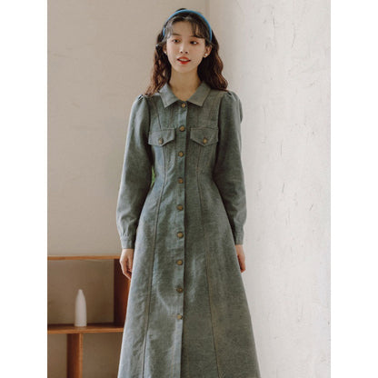Autumn new retro Hong Kong style POLO collar design single breasted denim dress made of vintage French shirt long skirt