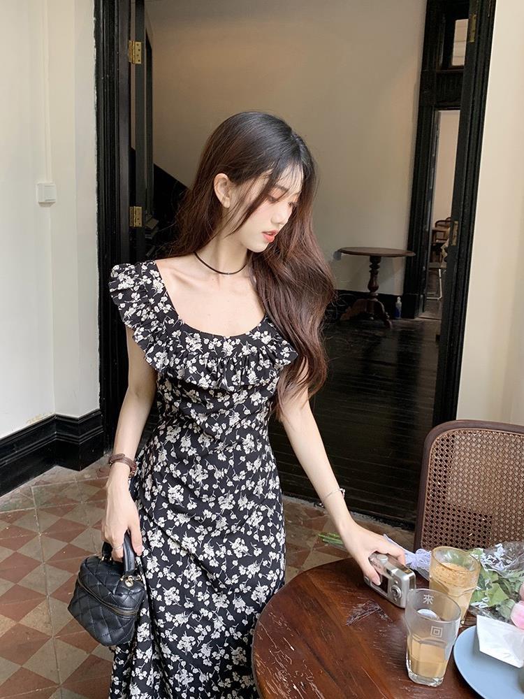 Ruffled Flying Sleeves Fairy Dress Summer Temperament Waist-Controlled Slimming Strap Mid-Length Skirt Floral Dress