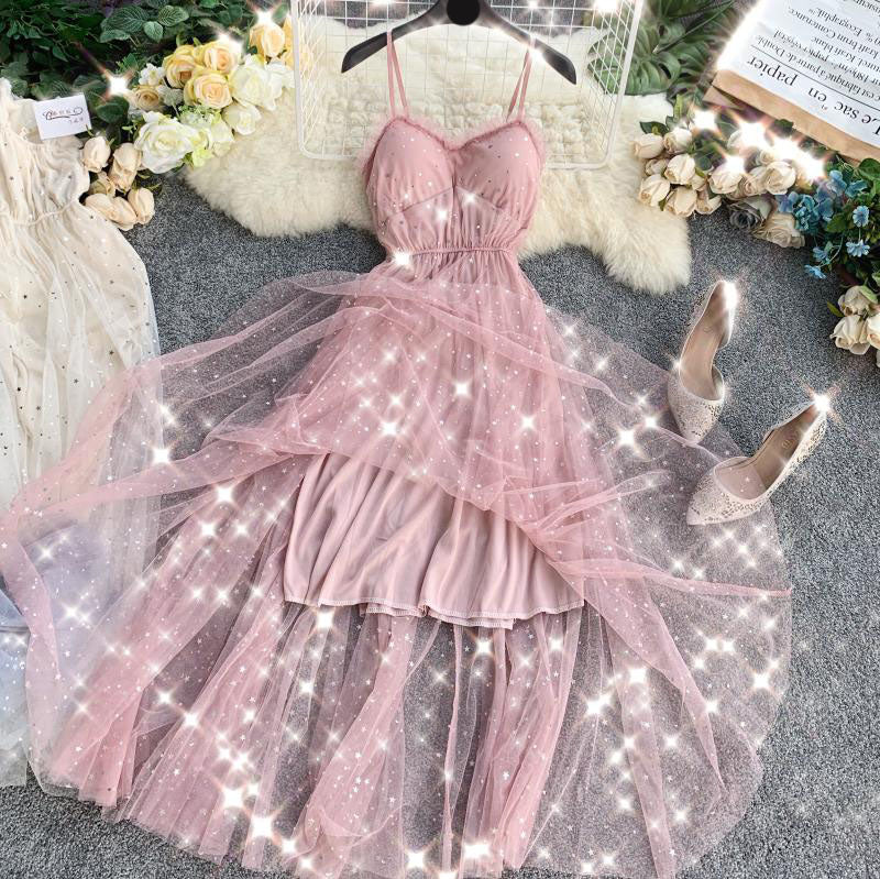 VAKKV Cute A line Sleeveless Sequin Tulle Dress Beach Summer Holiday Dress P255