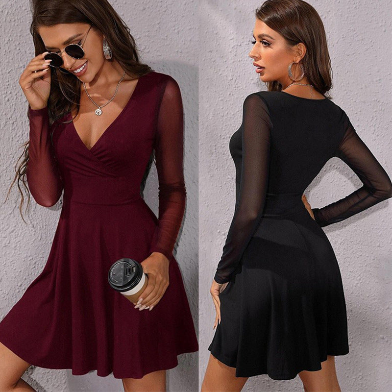 Cross Border Foreign Trade   Spring and Autumn Sexy Slim Mesh Long Sleeve Dress Elegant Small Dress for Women