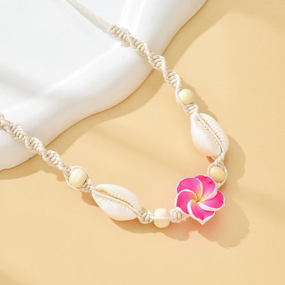 Cross-Border Beach Vacation Style Egg Flower Necklace Marine Shell Wooden Bead Hand-Woven Adjustable Necklace for Women