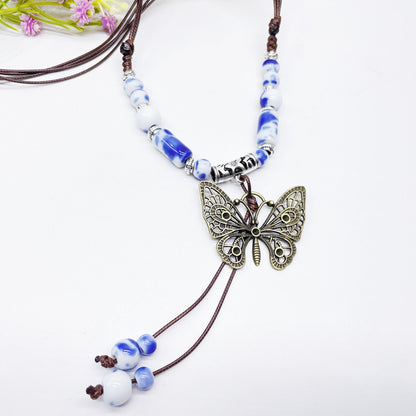 Wholesale Ceramic Sweater Chain Vintage Ethnic Style Clothing Accessories Imperial Concubine Butterfly Long Sweater Necklace