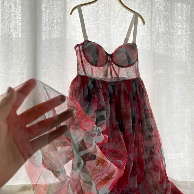 VAKKV Sexy Spaghetti Straps Pink Floral Dress Summer Women Holiday Dress P217