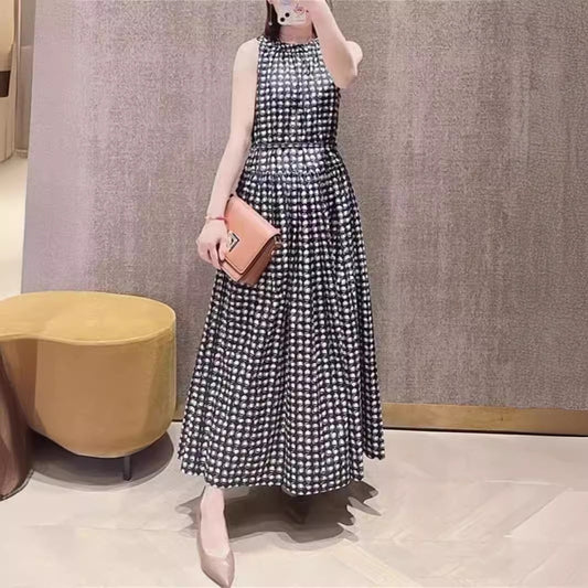 Elegant  Summer New Printed Checks Sleeveless Commuter Cotton Tight Waist Dress Temperament a Swing Length