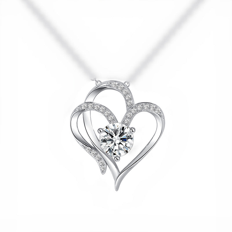 Cross-Border Platinum Doppel Herz Pendant Neck Accessories Women's Heart-to-Heart Elegant Graceful High-Grade Inlaid Zircon Love Necklace