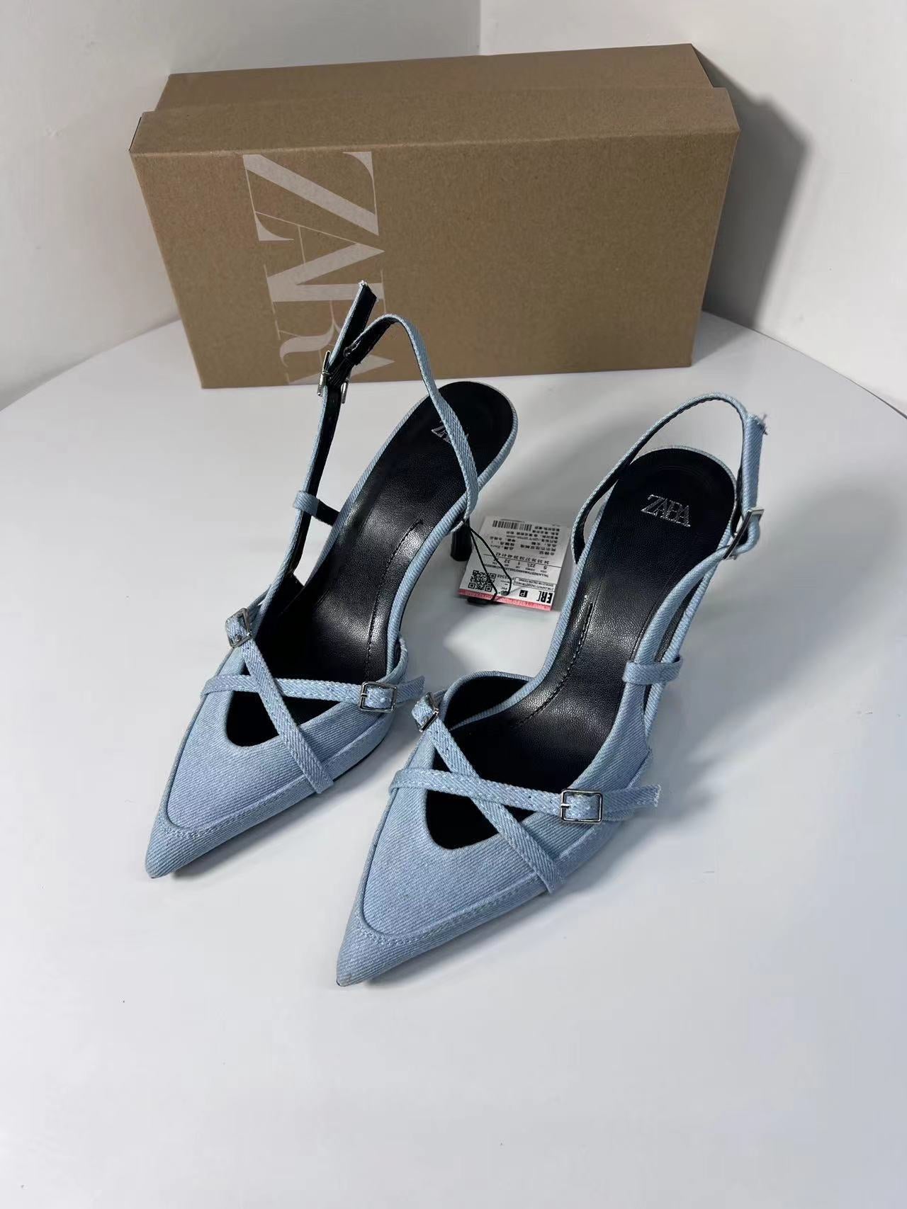 Sky Blue Denim Pointed Buckle High Heel Sandals Cross Strap  New Women's Shoes Za High Heels  Style