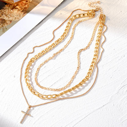 Cross-Border Hot Selling Ornament Affordable Luxury Fashion Cross Pendant Necklace Niche Personality Twin Multi-Layer Sweater Chain for Women