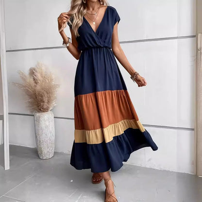 2024 New Color Block Pleated V-neck Dress Casual Polo Collar Cover Sleeve Dress  Hot Summer