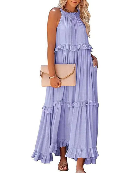 European and American 2024 Summer New Holiday Ruffled Long Dress  Wide Hem Flowy Beach Dress for Women